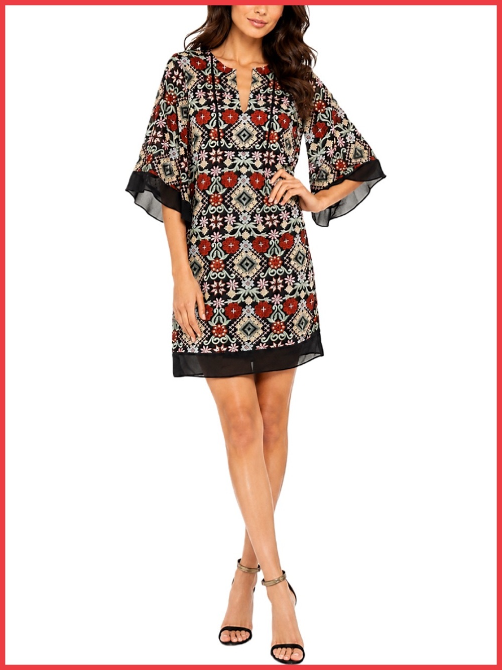 BCBGMaxAzria Embroidered Burgundy Red Black Floral Kimono Dress